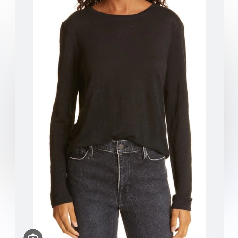 Frame Easy Crewneck Organic Linen Long Sleeve Top In Noir